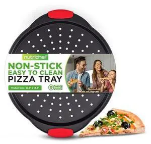 NutriChef 13-Inch Nonstick Pizza Tray - Round Carbon Steel Non-Stick Pizza Baking Pan with Perforated Holes, Premium Bakeware Pizza Screen with Silicone Grip Handles, Dishwasher Safe - NCBPIZ1