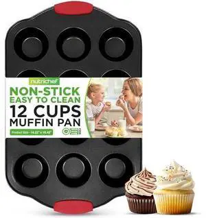 Nutrichef 12 Cup Muffin Pan, Durable and Nonstick Carbon Steel Bake Pan with Silicone Handles, Kitchen Essential Cupcake Pan, Stain Resistant, Easy Clean, PFOA, PFOS, PTFE Free, 16.22'' x 10.43''