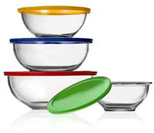 NutriChef 4-Pack Glass Mixing Bowls with BPA-Free Lids, Stackable Nesting Salad Bowls (1QT, 1.6QT, 2.5QT, & 3.7QT), Prepping and Baking Food Storage Set, Dishwasher, Freezer, & Microwave Safe