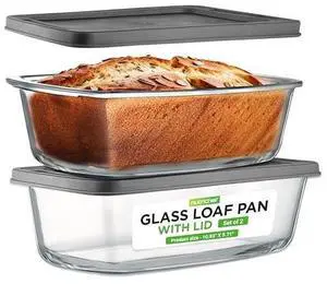 NutriChef 4 Piece Glass Loaf Pan Set with Lids - Stackable 1.9 QT/62oz Glass Bread Baking Dishes - 2 Food Storage Containers + 2 Airtight Lids, Oven & Microwave Safe, Dishwasher Safe - Clear