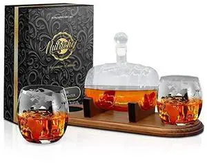 NutriChef Glass Whiskey Decanter - 750ml Barrel Whiskey Carafe Alcohol Decanter Set with Glasses, Liquor Decanter w/ Stopper & Base, For Brandy Wine Cognac Rum Gin Scotch Bourbon - NCGDS19