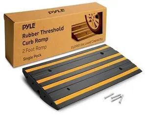 Pyle 2 Ft. Rubber Threshold Curb Ramp, Heavy Duty, Non-Slip, Marine Grade Waterproof, Green Reflective Strip, Single Driveway Ramp for Vehicles, RVs, and Wheelchairs, 24.0x16.0x2.6Inches