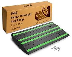 Pyle 2 Ft. Rubber Threshold Curb Ramp for Driveway - Heavy Duty Non-Slip Ramp for Vehicles - Green Reflective Strip, Marine Grade Waterproof, Ideal for Driveways & Sidewalks, 24.0"x16.0"x2.6" Inches