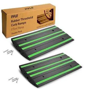 Pyle 2 Ft. Rubber Threshold Curb Ramp Set, Green Reflective Strip for Driveways, Non-Slip Marine Grade Rubber, Pack of 2 Heavy Duty Car Ramps for Trucks, RVs, Forklifts, 24.0x 16.0 x 2.6 Inches