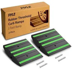 Pyle 1 Ft. Rubber Threshold Curb Ramp - Heavy Duty Non-Slip Rubber, Easy Mounting with Expansion Screws, Green Reflective Strips - Ideal for Driveways, Sidewalks, and Vehicle Ramps - 12.0"x16.0"x 2.6"