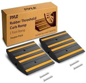 Pyle 1 Ft. Rubber Curb Ramp - Pack of 2 Heavy Duty Non-Slip Threshold Ramps for Driveways & Sidewalks, Yellow Reflective Strips, Marine Grade, Expansion Screws Included, 12.0x 16.0 x 2.6 Inches