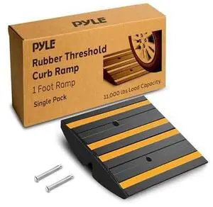 Pyle Rubber Curb Ramp for Driveway  1 Ft. Heavy Duty Non-Slip Waterproof Vehicle Ramp with Yellow Reflective Safety Strips, Supports up to 11,000 lbs, Includes Expansion Screws for Indoor/Outdoor Use