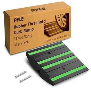 Pyle 1 Ft. Rubber Threshold Curb Ramp with Green Reflective Strips, Expansion Screws for Driveways, Car & Vehicle Use, Single Wear-Resistant Non-Slip Rubber Ramp, 12.0 x 16.0 x 2.6 Inches