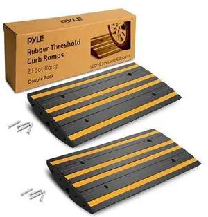 Pyle 2 Ft. Rubber Threshold Curb-Side Ramp - Yellow Reflective Lighting Strip, Pack of 2 Non-Slip Driveway Ramps for Vehicles and Wheelchairs 24.0x 16.0 x 2.6 inches, Expansion Screws Included