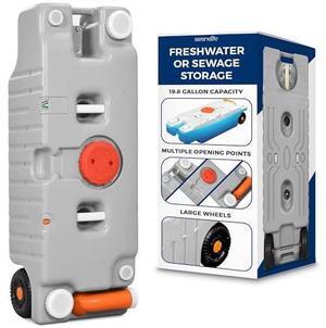 SereneLife 19.8 Gallon / 75 Liter RV Portable Water Tank with Metal Handle, Large Wheels, Level Indicator, Rotating Empty Spout, Fast Emptying, Camping Container for Freshwater or Sewage Storage