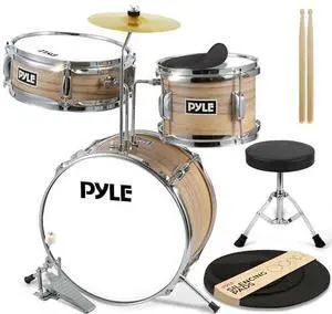 Pyle Kids Drum Set, 3 Piece Beginner Junior Drummer Kit with 13" Bass Drum, Snare, Tom, Cymbal, Adjustable Throne, Mutes, Drumsticks, Natural