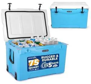SereneLife Ultra-Tough 75 Quart Rotomolded Cooler Box with Wheels, Holds Upto 104 Cans, Keeps Ice Up to 5 Days, Heavy-Duty Insulated Portable Ice Chest Box, Ideal for Camping, Beach, and Outdoors