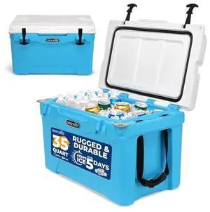 35 Quart Portable Cooler Box - Lightweight Heavy-Duty Travel Ice Cooler with 2-Way Handles, Drain - 5 Days Ice Retention, Holds 63 12-Ounce Cans & 2-liter Bottles - SereneLife SLCB35BL (Blue)