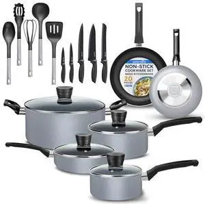 SereneLife Kitchenware Pots & Pans Basic Kitchen Cookware, Black Non-Stick Coating Inside, Heat Resistant Lacquer (20-Piece Set), One Size, Gray