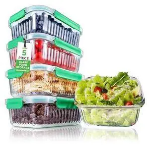 NutriChef 10-Piece Superior Glass Food Storage Containers Set (5 Containers + 5 Locking Lids),Stackable Meal-prep Design, BPA-free Airtight Clear Locking lids with Vent Lids & Air Hole, Wave