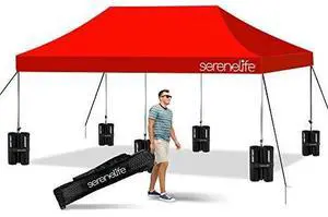Pop Up Canopy Tent 10x20 - Commercial Instant Shelter Foldable/Collapsible Sun Shade Canopy PopUp Tent w/ Waterproof UV Resistant Tent Top, Portable Carry Bag & Sand Bag - SereneLife SLGZ20R (Red)