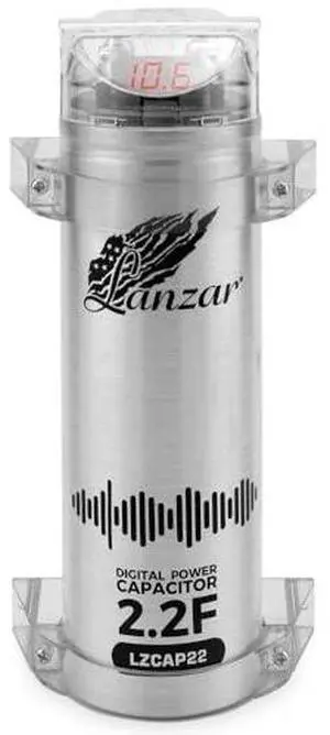Lanzar 2.2 Farad Digital Power Capacitor, High-Performance Car Audio Accessory with Blue Digital Display Voltage Readout and LED Flash, Over Voltage Protection, Mounting Hardware, DC 12-24V