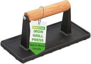 NutriChef USA Cast Iron Grill Press - Heavy-Duty Bacon and Steak Press with Wooden Handle, 8.78 x 3.93 Inches