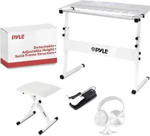 Pyle Heavy-Duty Keyboard Accessories Set - Z Shape Stand, Stool, Headset, Mic Stand, Sustain Pedal - White - PKST20SW