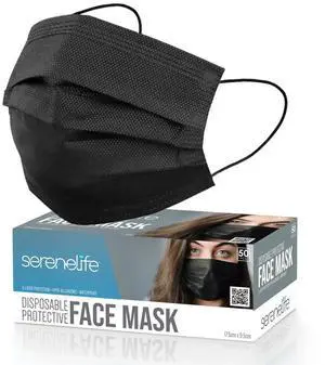 SereneLife 50 Pcs. Disposable Face Masks - 3 Layer Protection, Breathable, Black (For Adults), SKU SL3PLY50BK