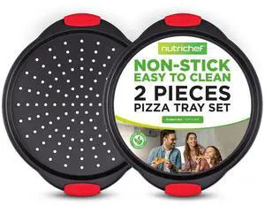 NutriChef 2-Pc. Non-Stick Pizza Tray with Silicone Handle - Round Steel Pizza Pan with Perforated Holes, SKU NCBPIZX2