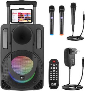 Pyle 15" Bluetooth Portable PA Speaker System - Wireless Karaoke Audio with Rechargeable Battery, Party LED Lights, Tablet Stand & Wireless Microphones, SKU PHPWA15TB