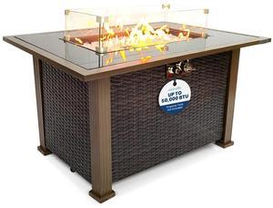 SereneLife Outdoor Propane Gas Fire Pit Table - 50,000 BTU Auto-Ignition Gas Firepit with Glass Wind Guard, Black Tempered Glass Tabletop & Clear Glass Rock, SKU SLNFLG44