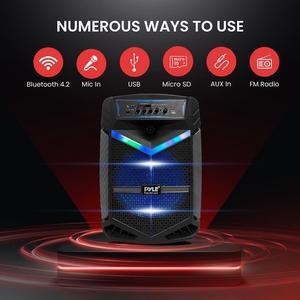 Pyle 12 Portable Bluetooth PA Speaker System - 800W Max Power, Rechargeable Battery, LED Party Lights, FM Radio & Wired Microphone, SKU PPHP1242B