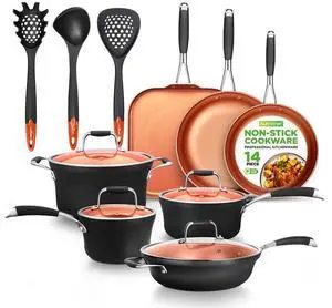 NutriChef 14-Piece Non-Stick Kitchenware Pots & Pans Set  Copper Coating & Hard-Anodized Finish (NCCWALN14)