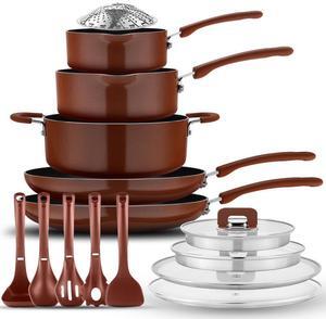NutriChef 17-Piece Stackable Non-Stick Kitchenware Cookware Set - Brown (NCCWSTKBR)
