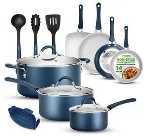 NutriChef 14-Piece Non-Stick Kitchenware Pots & Pans Set  Blue (NCCW14SBLU)