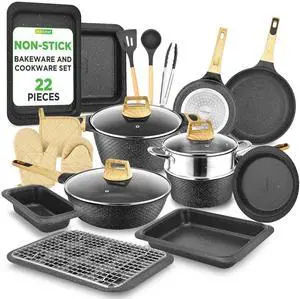 NutriChef 22-Piece Kitchenware, Kitchen Tools, and Bakeware Set  Black Marble (NCCW22BLK)