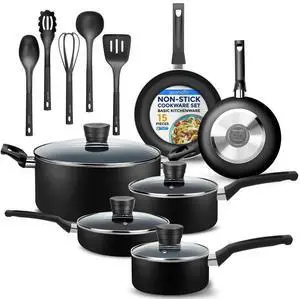 SereneLife 15-Piece Non-Stick Kitchenware Pots & Pans Set  Black (SLCW15BLK)