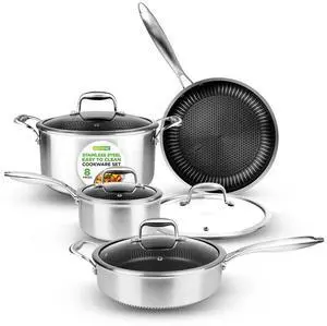 NutriChef 8-Piece Triply Stainless Steel Cookware Set  Non-Stick Coating (NC3PLY8Z)