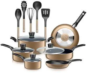 SereneLife 15-Piece Non-Stick Kitchenware Pots & Pans Set  Gold (SLCW15GLD)