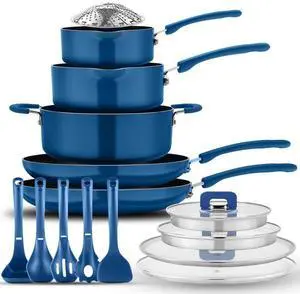 NutriChef 17-Piece Stackable Non-Stick Kitchenware Cookware Set  Blue (NCCWSTKBUL)