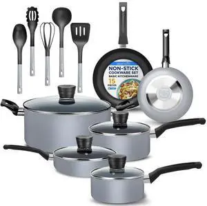 SereneLife 15-Piece Non-Stick Kitchenware Pots & Pans Set  Gray (SLCW15GRY)