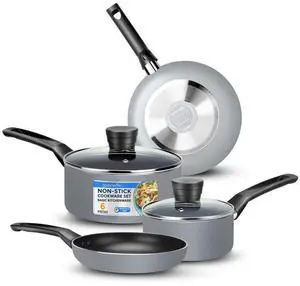 SereneLife 6-Piece Non-Stick Kitchen Cookware Set - Pots & Pans (SLCW6GRY)