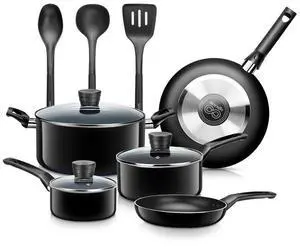 SereneLife 11-Piece Non-Stick Kitchen Cookware Set - Black (SLCW11BLK)