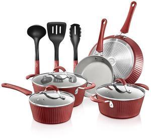 NutriChef 11-Piece Ceramic Non-Stick Kitchen Cookware Set - Red (NCCW11RDL)
