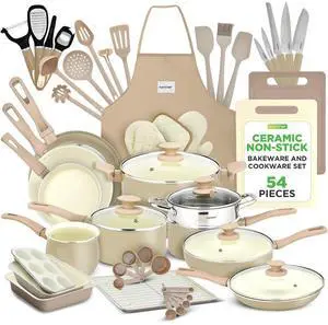NutriChef 54-Piece Non-Stick Kitchen Cookware, Bakeware & Tools Set - Taupe Brown (NCCW54TBR)