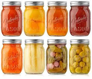 NutriChef 8-Piece Glass Mason Jars with Lids - 16oz Airtight Storage (NCMSJ8)