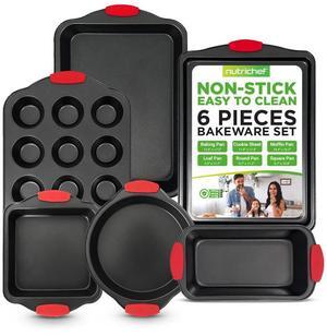 NutriChef 6-Piece Non-Stick Carbon Steel Bakeware Set with Red Silicone Handles - Gray (NCSBS6S)