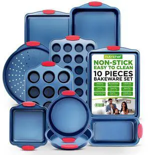 NutriChef 10-Piece Non-Stick Carbon Steel Bakeware Set with Red Silicone Handles - Blue (NCSBSBL10)