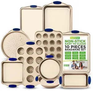 NutriChef 10-Piece Non-Stick Carbon Steel Bakeware Set with Blue Silicone Handles - Gold Coating (NCSBSG60)