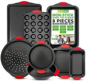 NutriChef 8-Piece Non-Stick Carbon Steel Bakeware Set with Red Silicone Handles - Gray Coating (NCSBS8S)