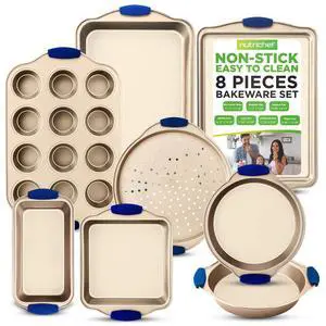 NutriChef 8-Piece Non-Stick Carbon Steel Bakeware Set with Blue Silicone Handles - Gold Coating (NCSBSG78)