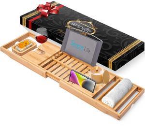 SereneLife Natural Bamboo Bathtub Caddy Tray - Adjustable Length with Soap Box (SLBCAD29N)