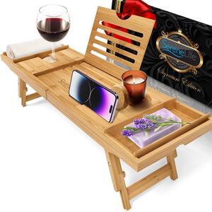 SereneLife Natural Bamboo Bathtub Caddy Set - Adjustable Length with Removable Trays & Soap Box (SLBCAD502GB)