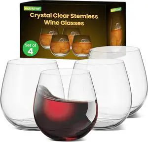 NutriChef Crystal-Clear Stemless Wine Glasses - 4-Piece Set (NGWINE44)
